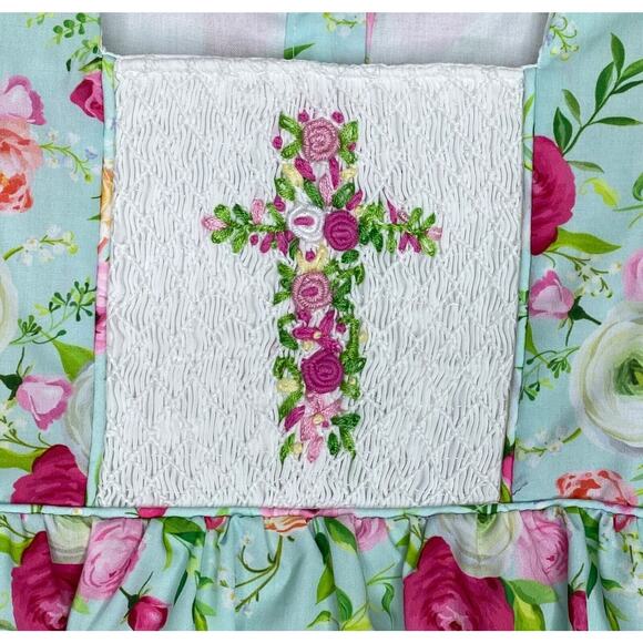 Addie & Hadlie Blue-Green Floral Smocked Cross Bubble Romper Girls 3T - Picture 2 of 4